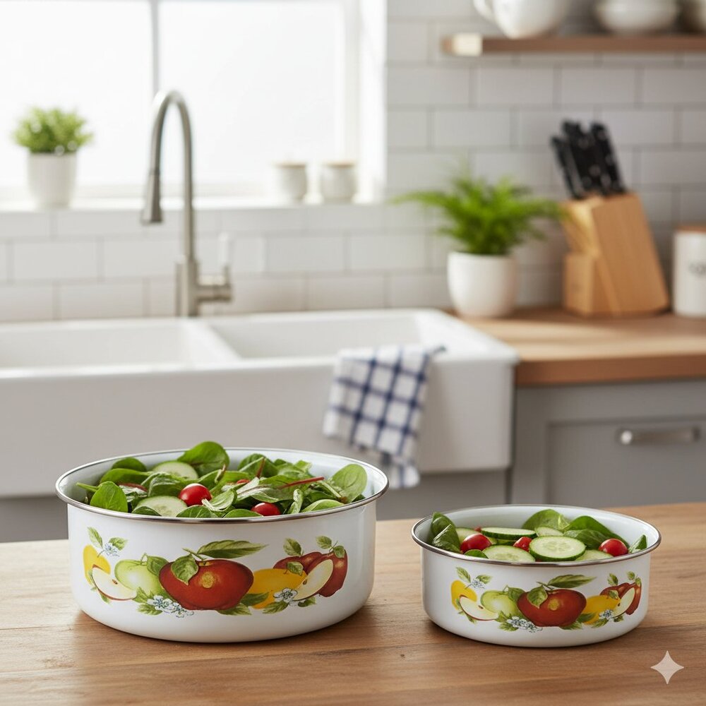 Vintage Enamel Nesting Bowls with Apple Print (Set of 2)